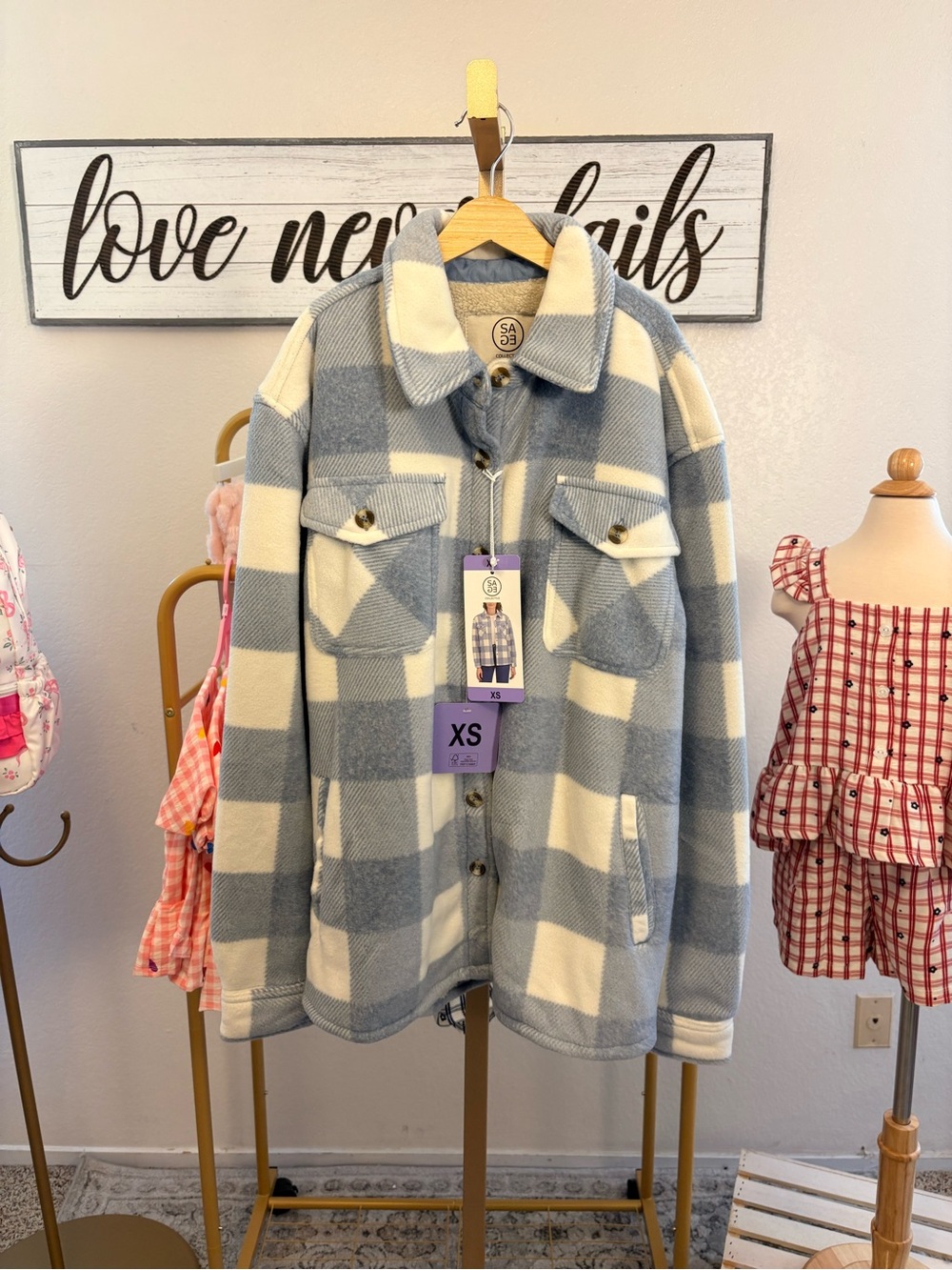Sage Collective Plaid Button-Front Overshirt Jacket - Light Blue & Cream, XS